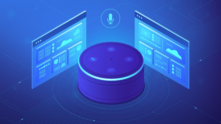 Vector isometric voice control website and app illustration.
