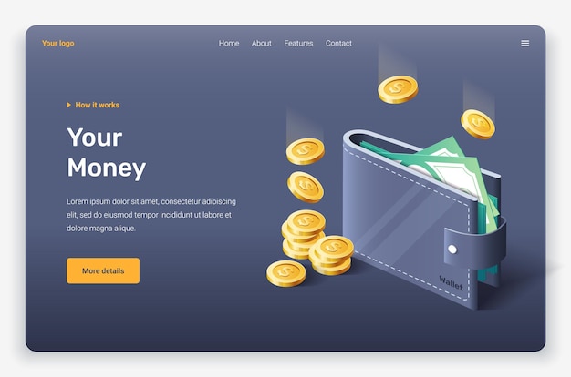 Vector isometric wallet, money, coins, banknotes. landing page template.