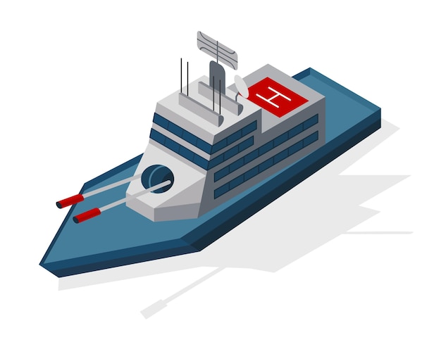 Isometric war ship Tactical ship with weapons and a place to land a helicopter Vector isometric icon or infographic element Ocean transport