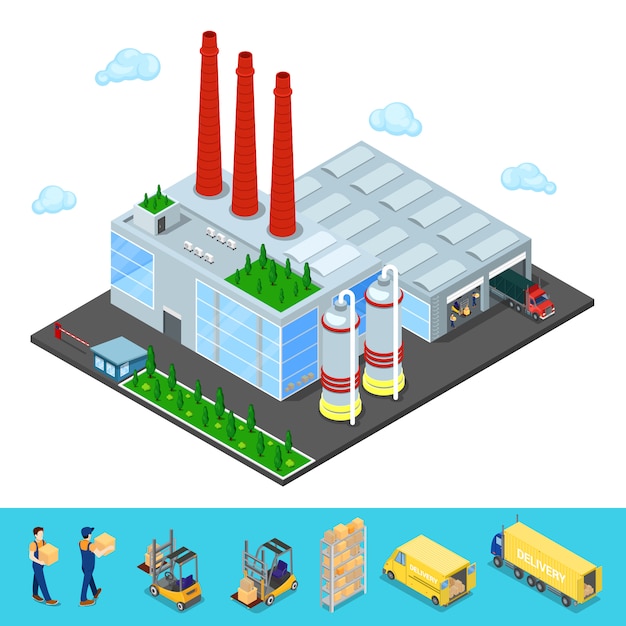 Isometric warehouse building with industrial shipping area.