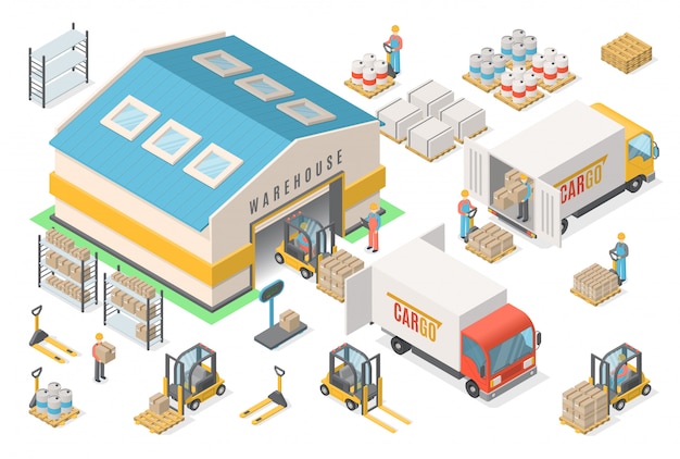 Isometric warehouse icon set, scheme, logistic 