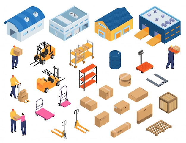 Vector isometric warehouse, industrial equipment for storage and distribution, set of   illustrations. forklifts carrying pallets with boxes, storehouse shelves, warehouse workers, buildings.