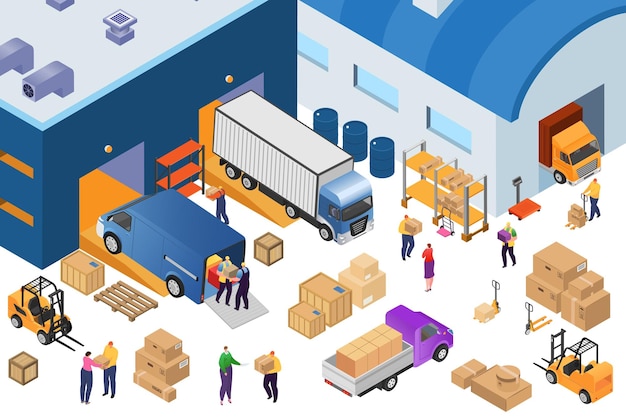 Isometric warehouse storage and industrial equipment 3d logistic hub vector illustration Forklift carrying pallets with boxes storehouse shelves