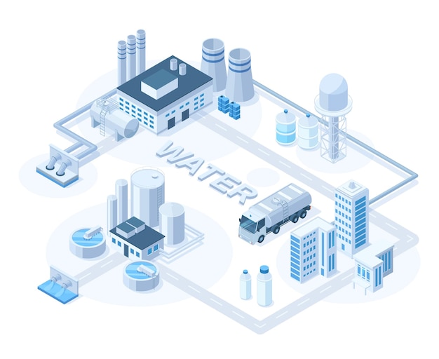 Isometric water purification system, wastewater treatment concept. water pumping station, wastewater treatment vector illustration. industrial water purification technology