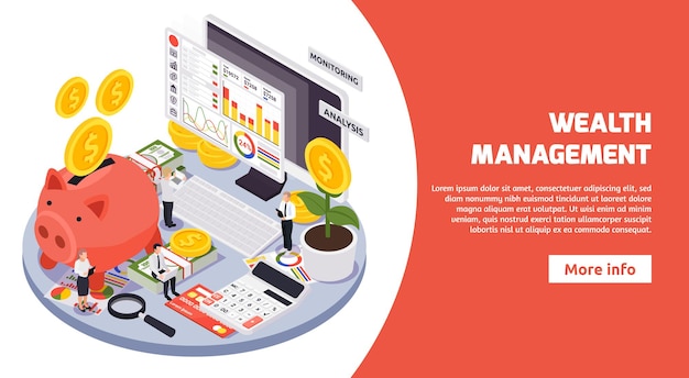 Isometric wealth management banner with big headline and more info button