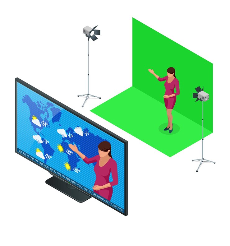 Vector isometric weather forecast. a television anchorwoman at studio during live broadcasting vector illustration
