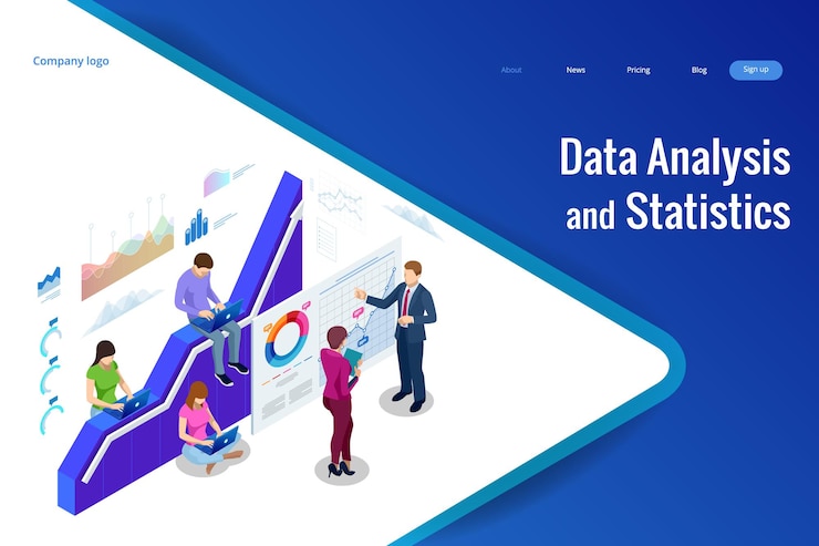 Vector isometric web banner data analysis and statistics concept. vector illustration business analytics, data visualization. technology, internet and network concept. data and investments.