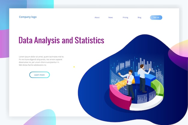 Isometric web banner Data Analysis and Statistics concept. Vector illustration business analytics, Data visualization. Technology, Internet and network concept. Data and investments.