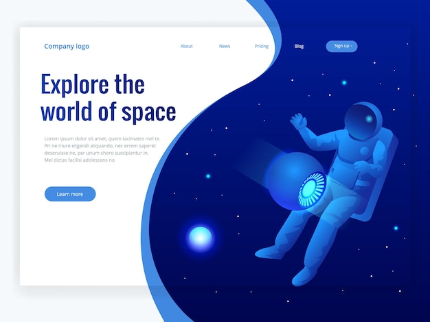 Vector isometric web banner of explore the world of space concept. astronaut in outer space, discovery. vector illustration.