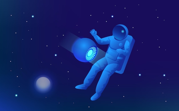 Isometric web banner of explore the world of space concept. Astronaut in outer space, discovery. Vector illustration.