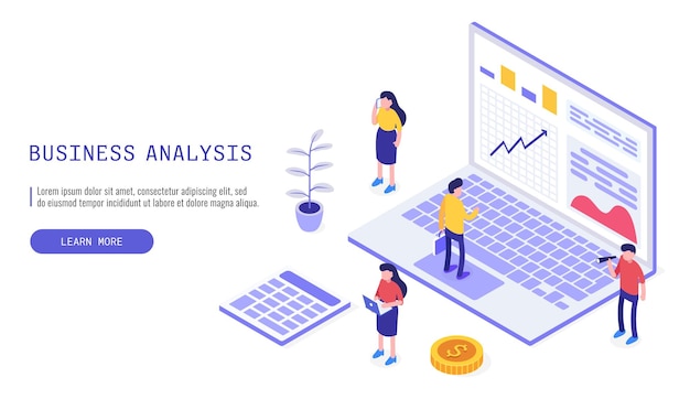 Вектор Изометрический веб-баннер для универсальной команды экспертов в области анализа данных, бизнес-статистики, управления, консалтинга и маркетинга. векторная иллюстрация для целевой страницы