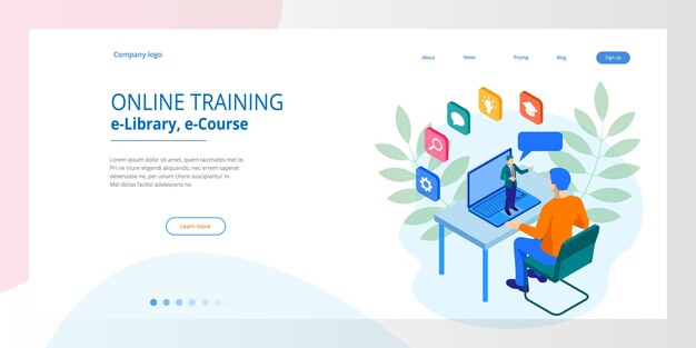 Isometric web banner online training or education and Internet training courses concept. Landing page template. Modern design for a web page.