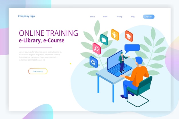 Vector isometric web banner online training or education and internet training courses concept. landing page template. modern design for a web page.