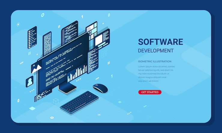 Vector 이소메트릭 웹 배너 소프트웨어 개발 컴퓨터 화면에 프로그램 코드 랜딩 페이지 템플릿 디자인 이소메터릭 일러스트레이션으로 프로그래밍