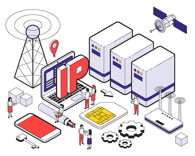 isometric web hosting colored concept with different elements of hosting and digital tools