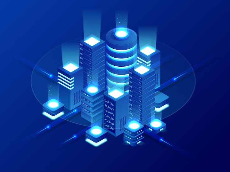 Vector isometric web hosting, data backup copy, recover file concept, cloud data storage, digital technology, blockchain, server room. internet traffic routing, server room rack vector technology.