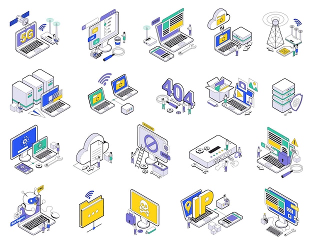 Icona di hosting web isometrica impostata con segni di errori supporto per nuvole wireless di cinque g e altre descrizioni illustrazione vettoriale