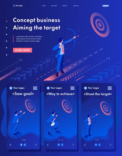 Isometric web landing page of Businessman aiming at the target, Business concept