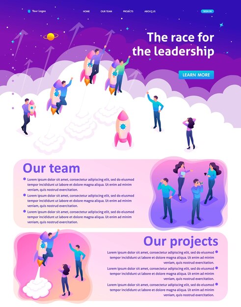 Isometric Website Template Landing page bright concept young entrepreneurs compete for leadership