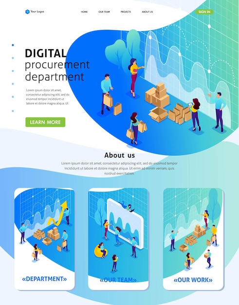 Isometric Website Template Landing page concept of digital procurement, marketing research, teamwork. Adaptive 3D.