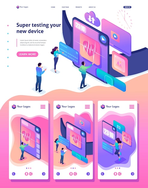 Isometric Website Template Landing page concept the team is testing a new device the smartwatch