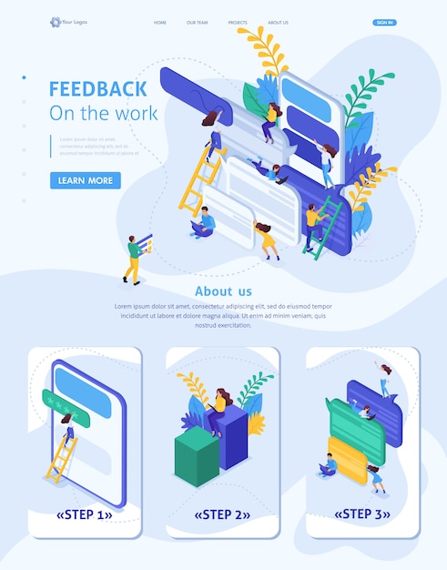 Isometric website template landing page internet users write feedback about services