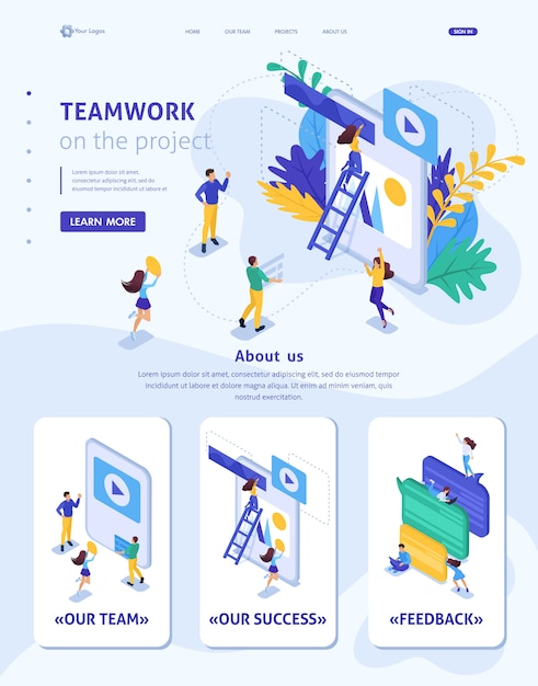 Vector isometric website template landing page workflow and teamwork of a big team on a project.