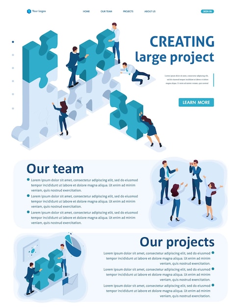 Vector isometric website template landing page young entrepreneurs team working on the creation of the project