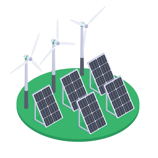 Isometric windmill and solar panels Renewable energy sources alternative eco green energy solar battery panels 3d isolated flat vector illustration on white background