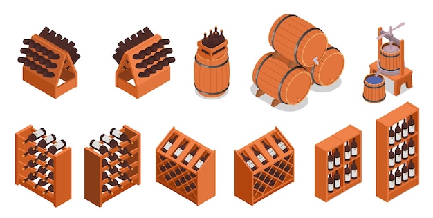 Изометрический набор для производства вина с деревянными бочками для дробления винограда и полками с бутылками 3d изолированная векторная иллюстрация