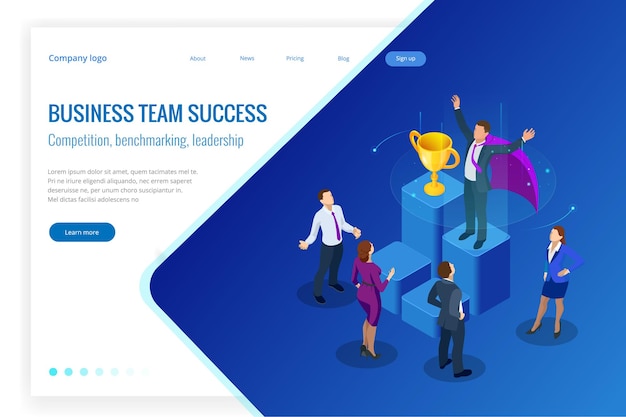 isometric winner business and achievement concept. business success. big trophy for businessmen.