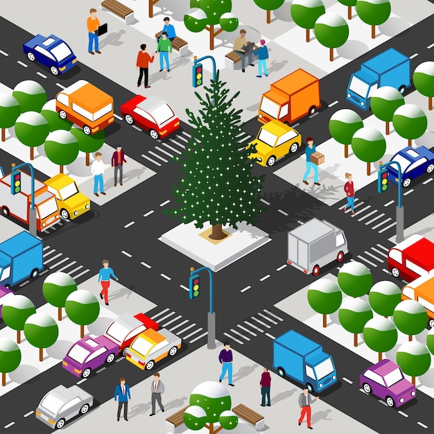 Vector isometric winter  city quarter with streets, people, cars.