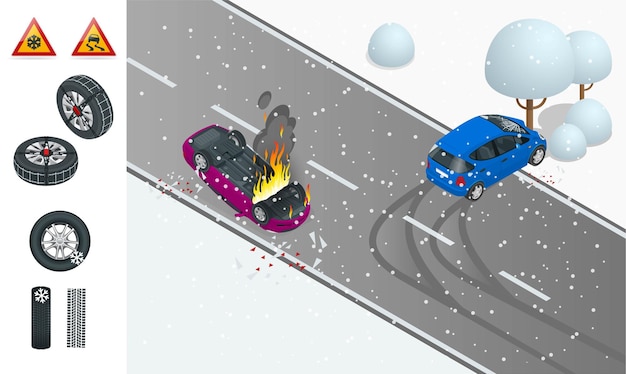 Vector isometric winter slippery road car accident the car crashed into a tree the car turned over and caught fire urban transport car with snow chains