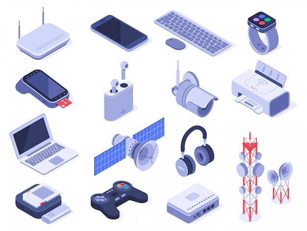 Vector isometric wireless devices. computer connect gadgets, wireless connection remote controller and router device   set