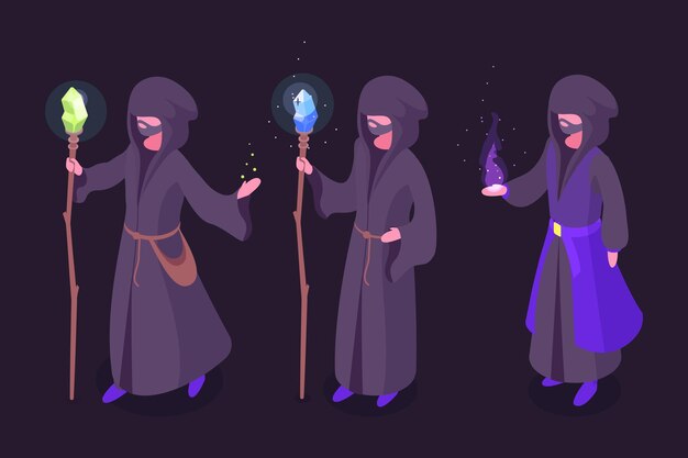 Isometric wizard Witchcraft magician characters practitioners of black magic Wizard with magic staff 3d vector illustration set