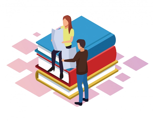 isometric  of woman and man reading newspaper around stack of books over white background