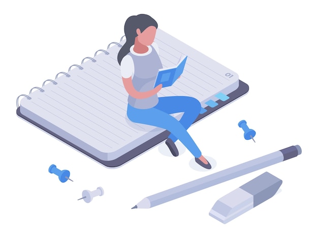 Isometric woman reading book Female student studying exam preparation tiny girl reading on huge notebook college library 3d vector illustration