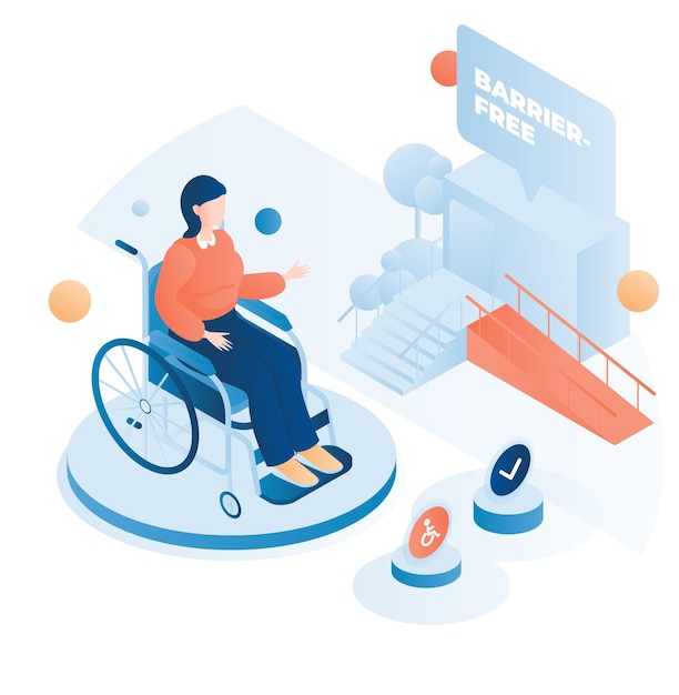 Isometric woman in wheelchair in front of multistorey house building with access ramp barrier free e...