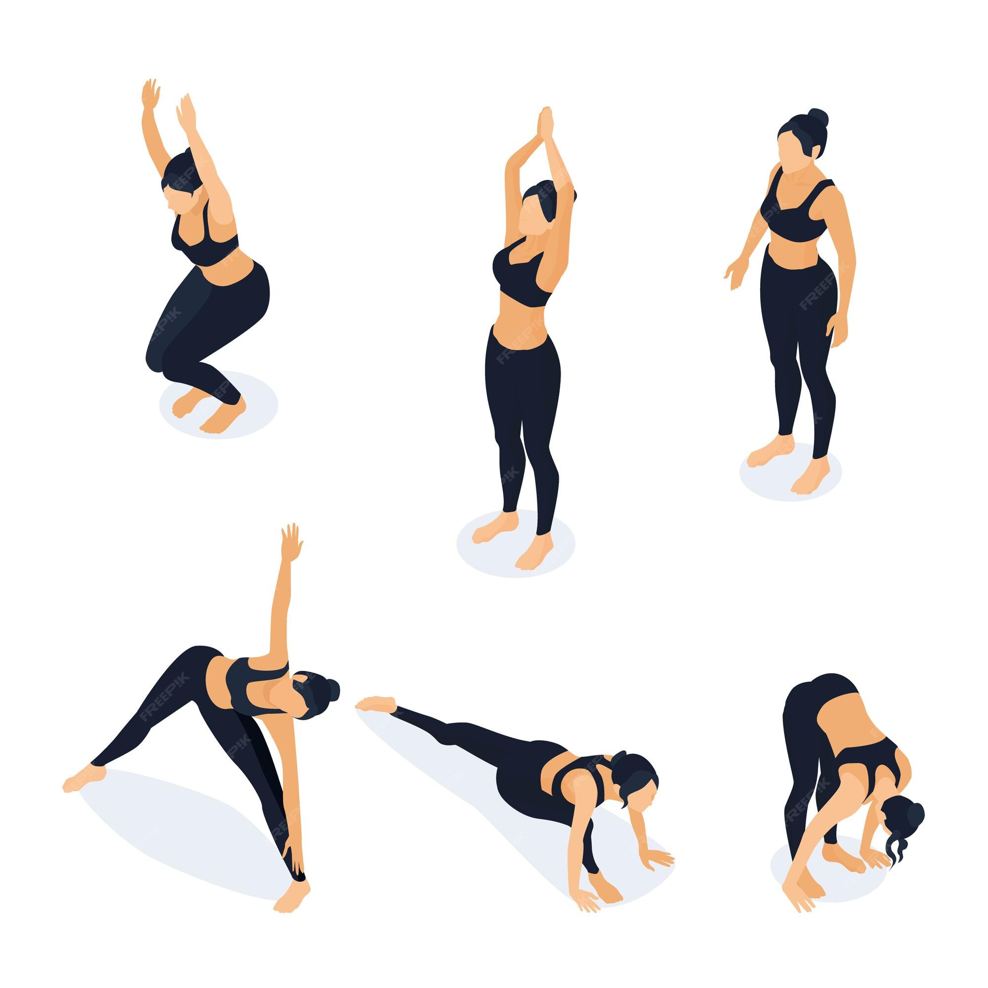 Premium Vector | Isometric woman in yoga positions isolated on white.  illustration of female athlete stretching, training in gym. chair pose,  triangle pose, fold, standing, mountain pose