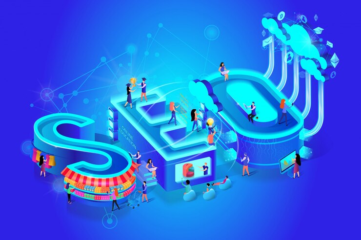 Vector isometric word seo on gradient blue background.