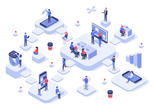 Vector isometric work team. cloud workplaces platforms, modern teams workflow process and development company startup   illustration