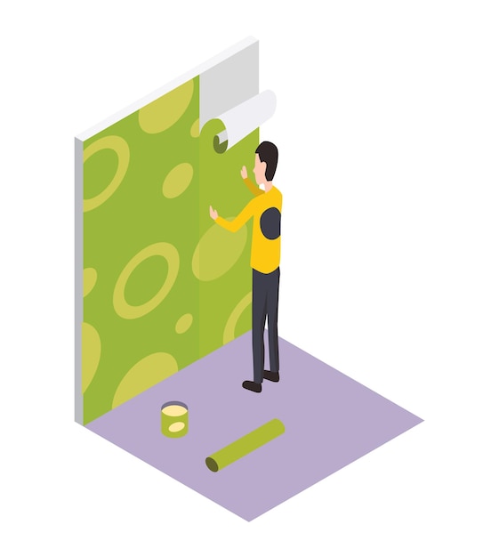 isometric worker. home repair isometric form with craftsman pasting wallpaper. professional people