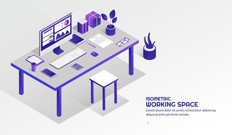 Vector isometric workspace with elements on the table