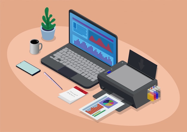 Isometric workspace with laptop and printer