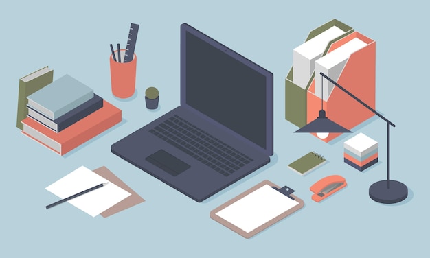 Vector isometric workspace with laptop and various stationery objects