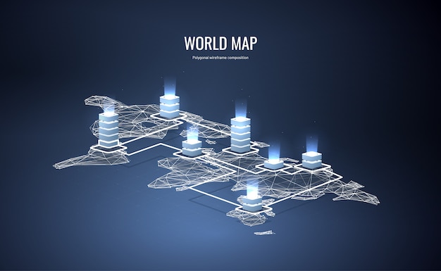 Isometric world map in polygonal wireframe style