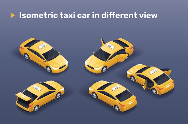 ベクトル 別のビューでの等尺性の黄色いタクシー車（開いたドアとトランク付き）。