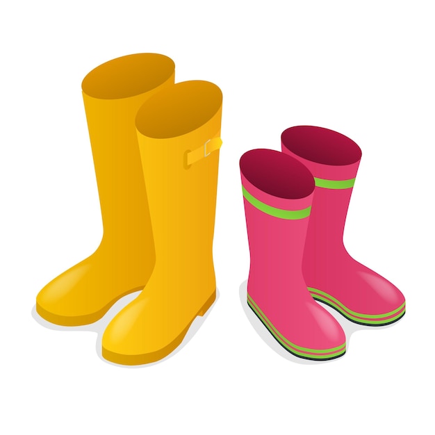 Vector isometric yellow and pink rubber boots isolated on white background