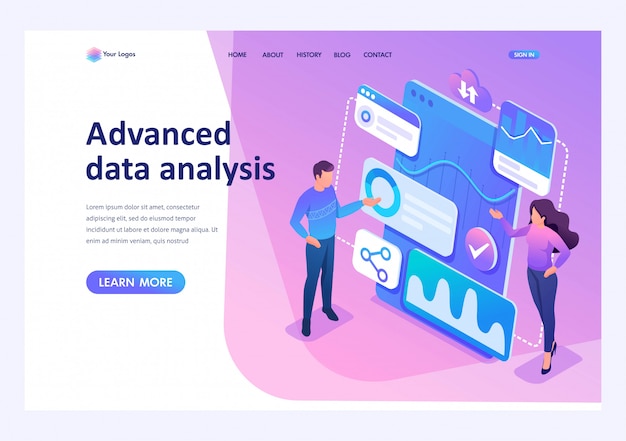 等尺性の若い起業家がレポートを確認し、データを分析します。ウェブサイトのテンプレートランディングページ