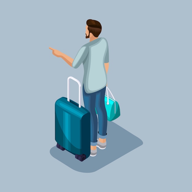 Isometric young man at the airport is waiting for a flight with things and a suitcase. Back view
